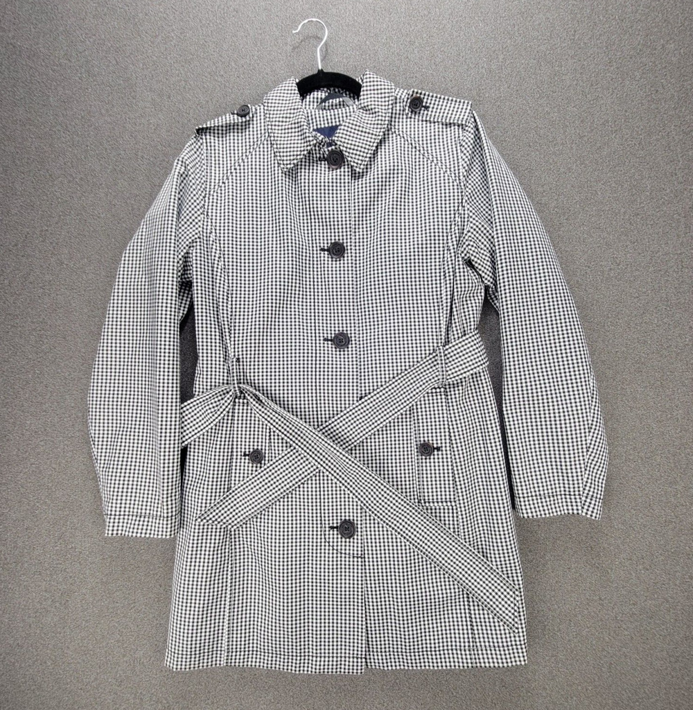 Lands End S 6-8 Black White Gingham Raincoat Trench Coat